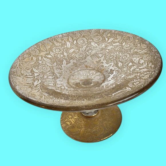 Vintage Ornate Gold Filigree Footed Dish with Crystal Stem on Gold Filigree Base - Picture 6 of 11